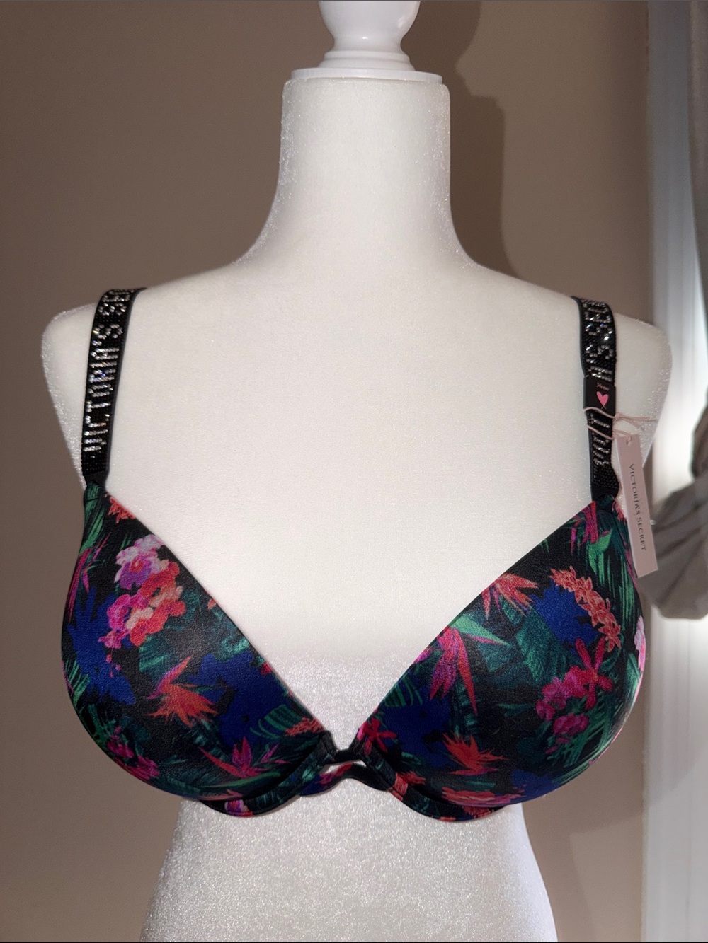 Victoria's Secret Black Floral Push-Up Bra with Multicolor Print